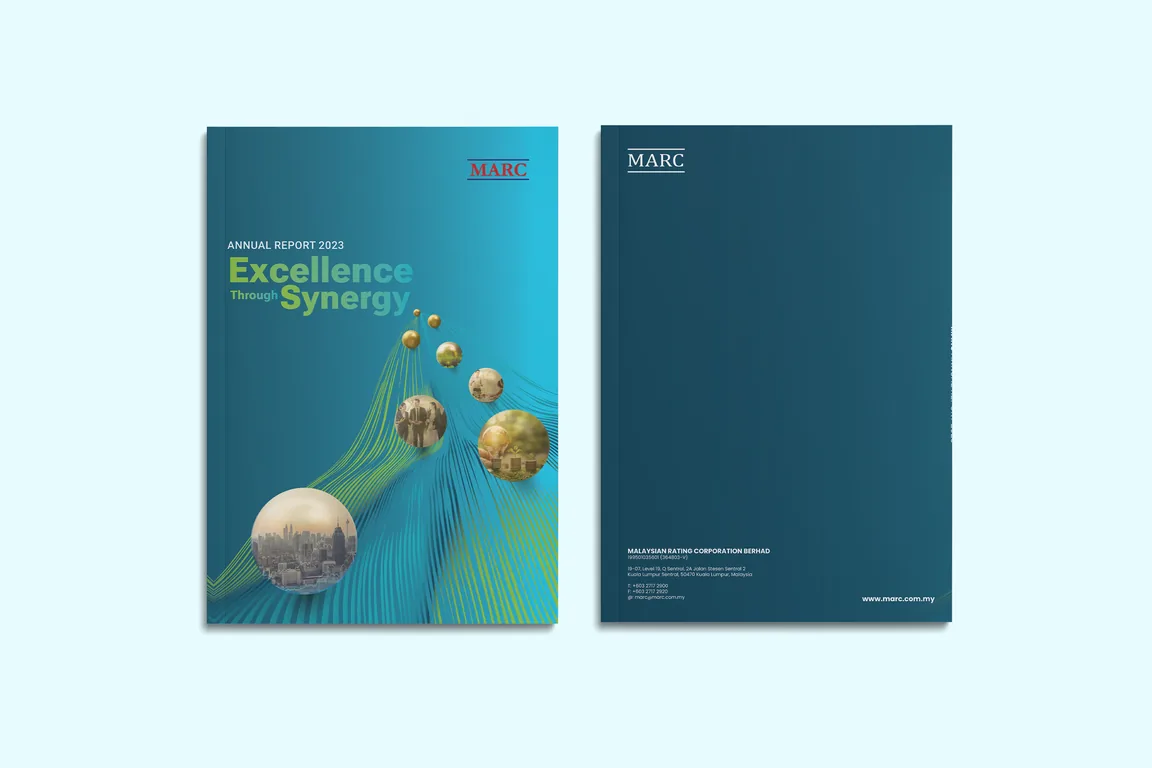 MARC Annual Report 2023 front and back covers side by side, teal gradient with the MARC logo