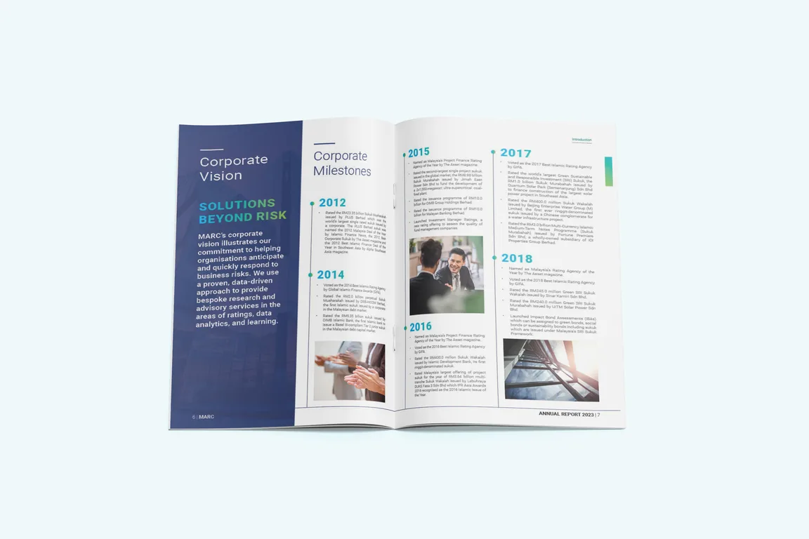 MARC Annual Report 2023 opened to the Corporate Vision and Corporate Milestones spread