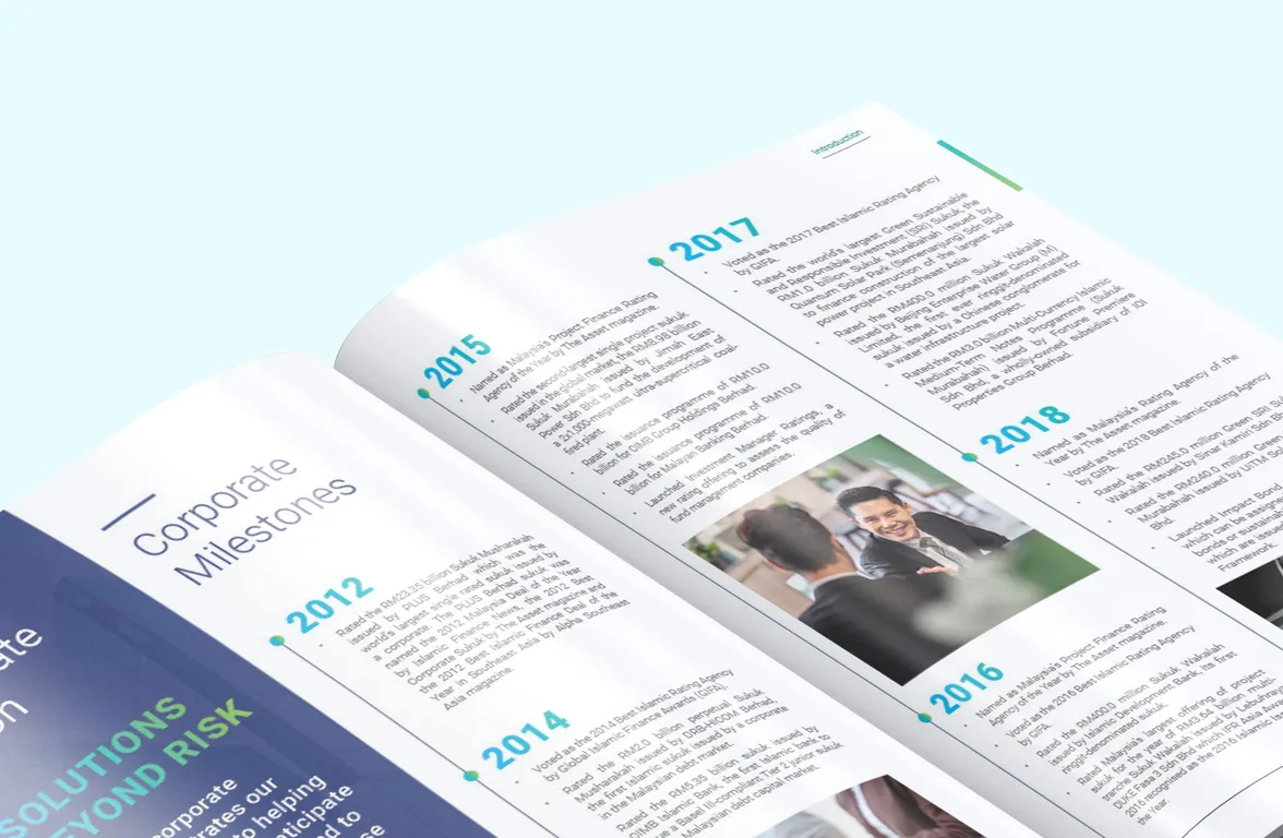 Close-up of the MARC Annual Report 2023 Corporate Milestones spread showing the year-by-year timeline