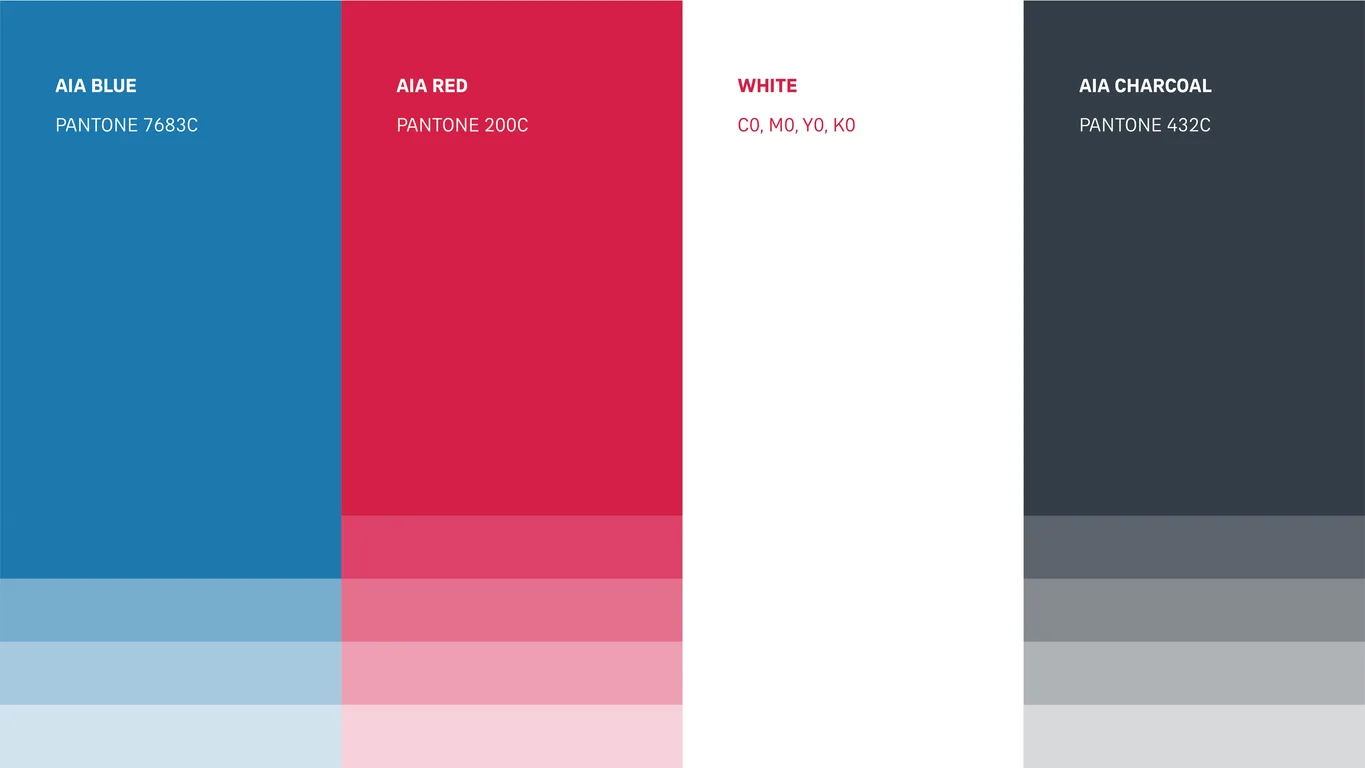 AIA Shared Services colour palette showing AIA Blue, AIA Red, white and charcoal with Pantone codes