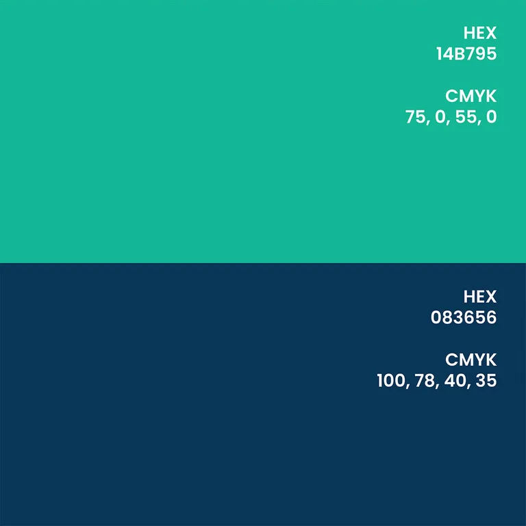 EET colour palette with the teal and deep navy swatches specified in hex and CMYK