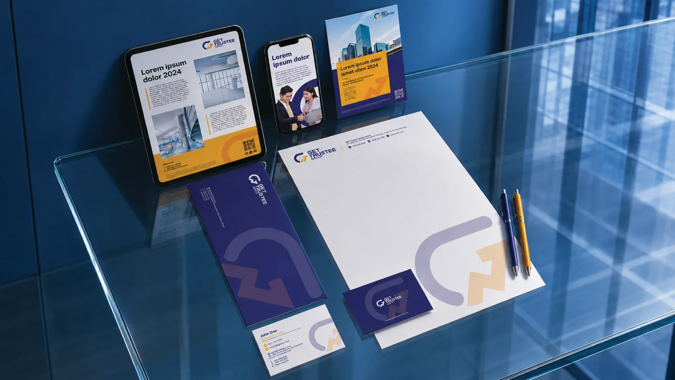 GET Trustee Group stationery suite with letterhead, envelope, business cards and branded tablet and phone layouts