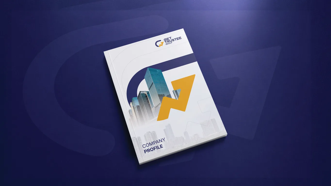 GET Trustee Group company profile cover with the yellow logomark arrow over city skyline imagery