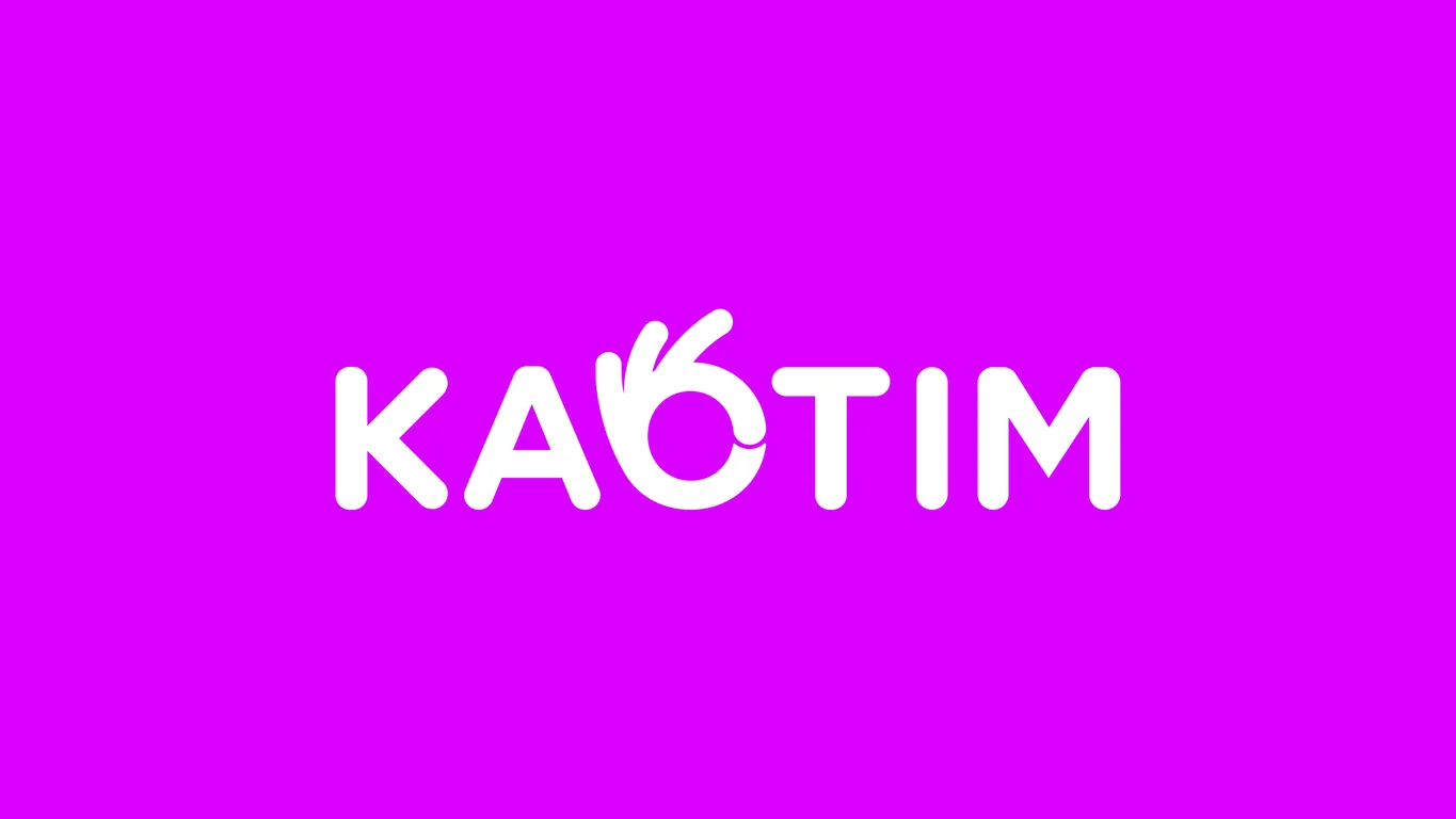 Kaotim wordmark in white on bright purple, with an OK hand gesture forming the O