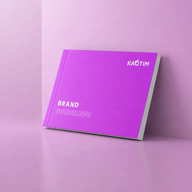 Kaotim brand guidelines book with a purple landscape cover and the logo top right