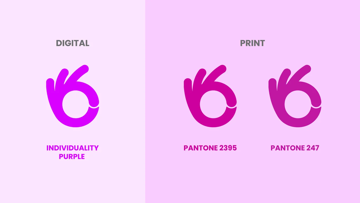 Kaotim logomark colour specification showing the digital purple beside printed Pantone 2395 and 247