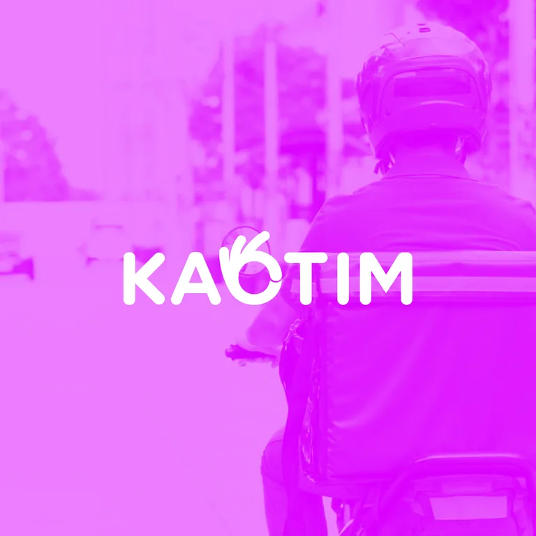 Kaotim wordmark over a purple duotone photograph of a helmeted motorcycle rider carrying a delivery box