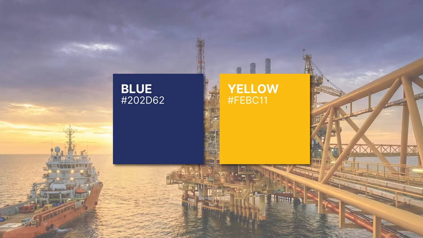 Lianson Fleet Group brand colour palette, navy #202D62 and yellow #FEBC11, over an offshore vessel and platform