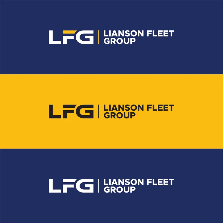 Lianson Fleet Group logo lockup in three colourways across navy and yellow backgrounds