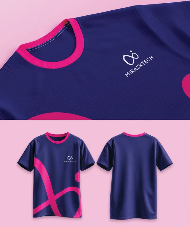 MirackTech branded T-shirt shown front and back in navy with a magenta infinity graphic