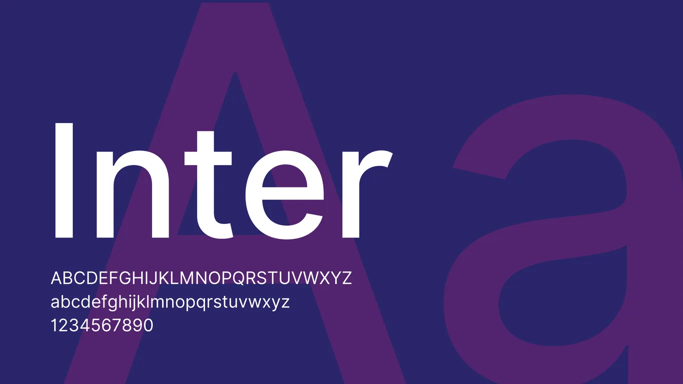 MirackTech typography page showing the Inter typeface alphabet and numerals on dark purple