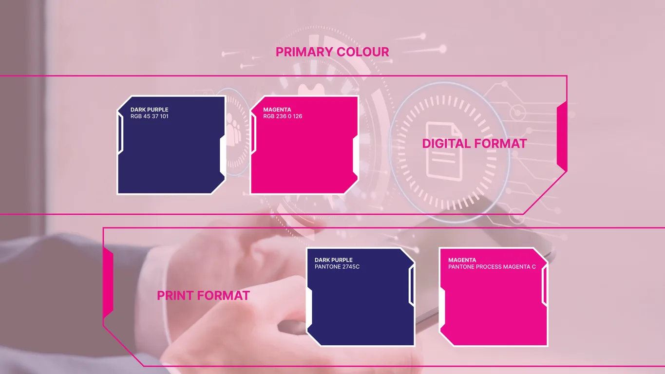 MirackTech primary colour palette listing dark purple and magenta in RGB and Pantone values