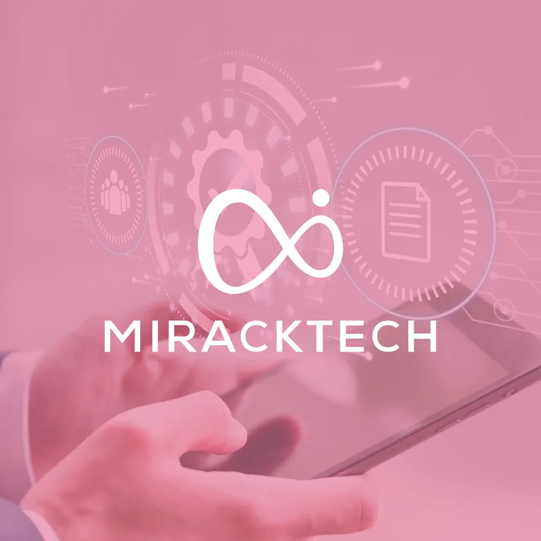 MirackTech brand visual with the white logo over a pink-tinted photograph of a tablet user