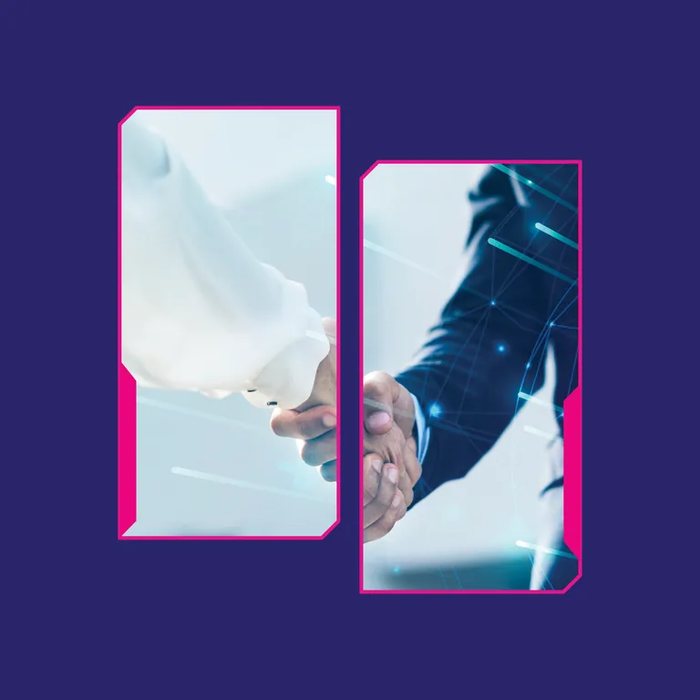 MirackTech image style with angular magenta frames around a robotic and human handshake
