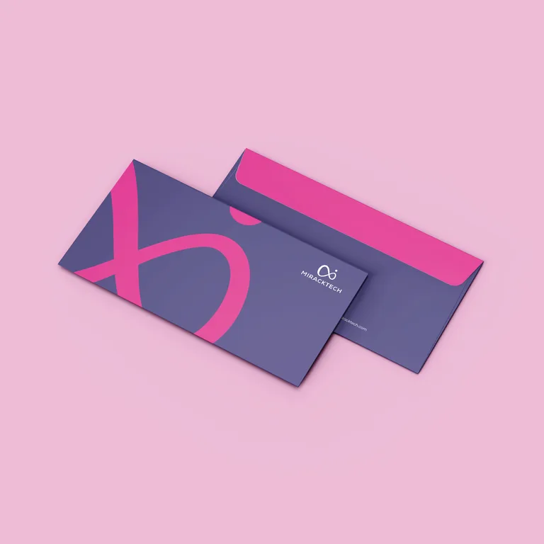 MirackTech envelope in purple with an oversized infinity graphic and a magenta-lined flap