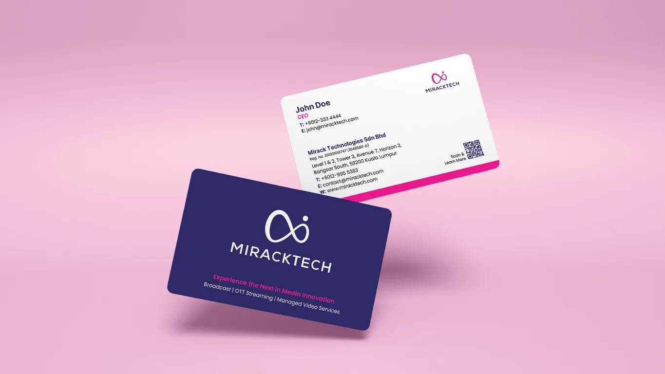 MirackTech business card front and back showing contact details and a QR code