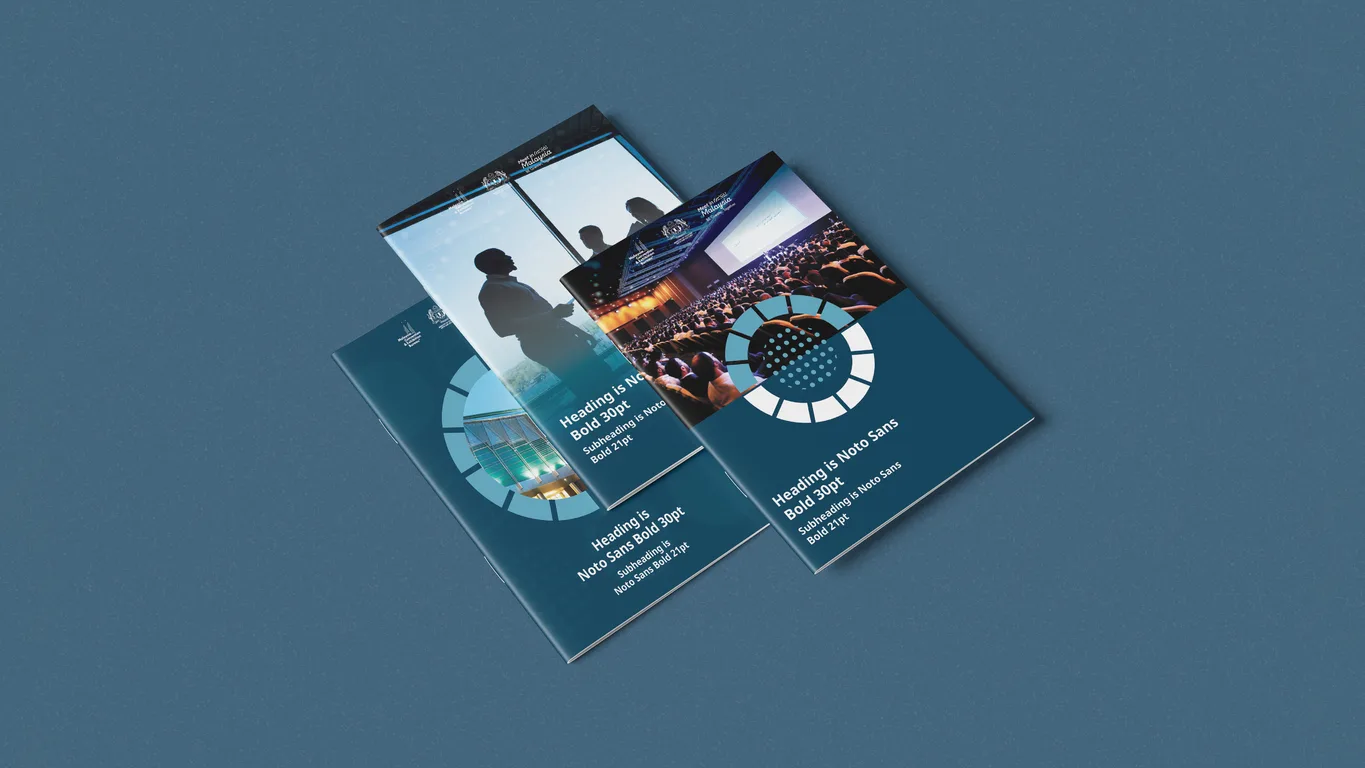 Three MyCEB brochure covers in teal with segmented ring graphics framing business event photography
