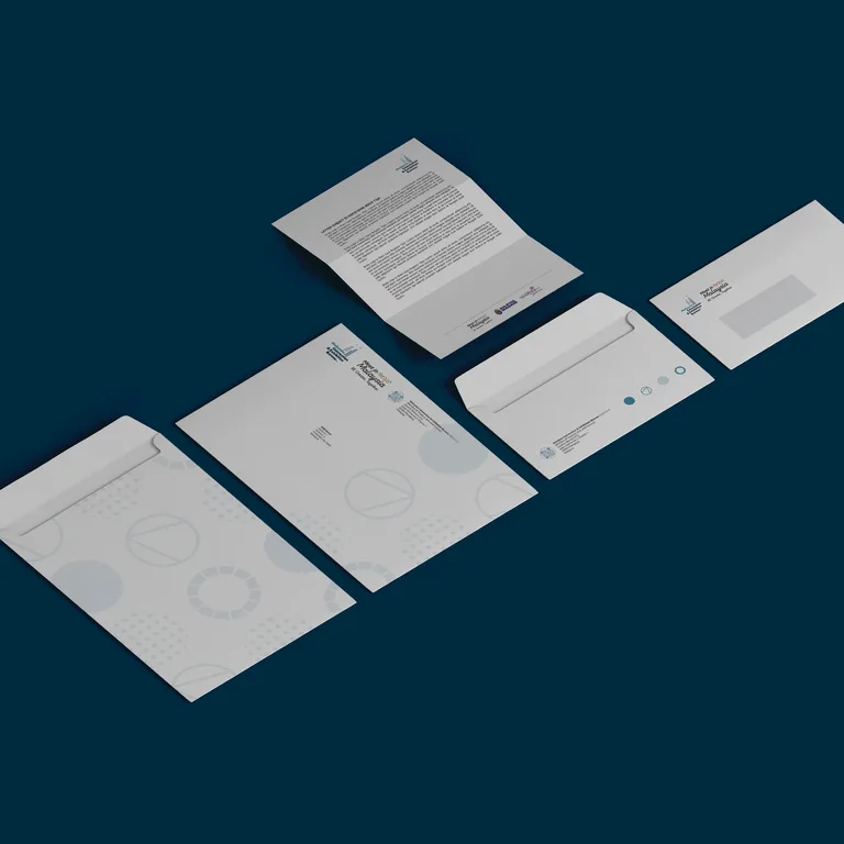 MyCEB stationery suite showing letterhead, letter and two envelopes with the circle graphic pattern