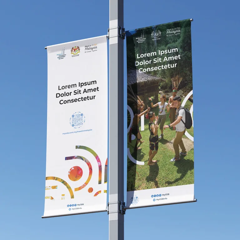 MyCEB lamp post banners pairing a white QR code panel with a cultural tourism photograph