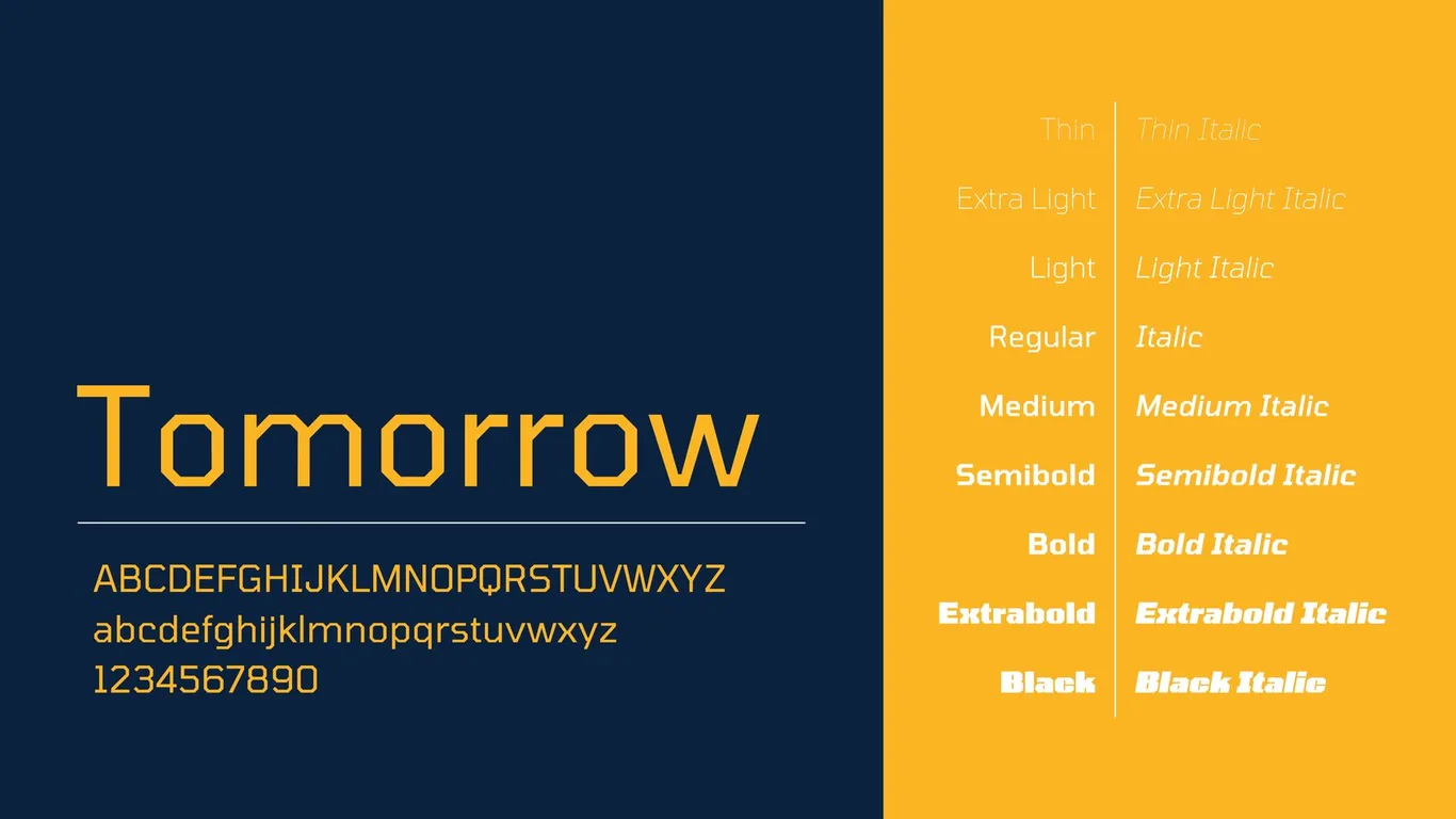 Raya Airways typography page for Tomorrow with the weight range on navy and yellow panels