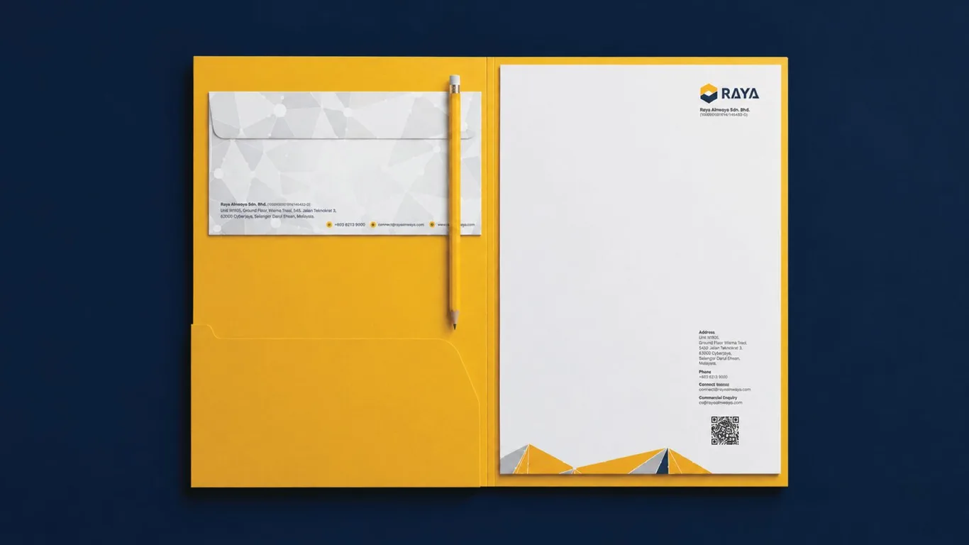 Raya Airways corporate folder holding a white letterhead, set on a yellow backdrop with an envelope alongside