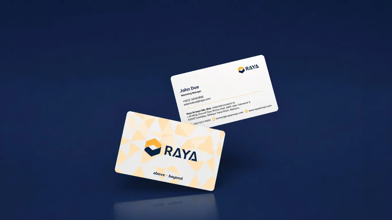 Raya Airways business card fronts and reverse with the patterned yellow face on navy