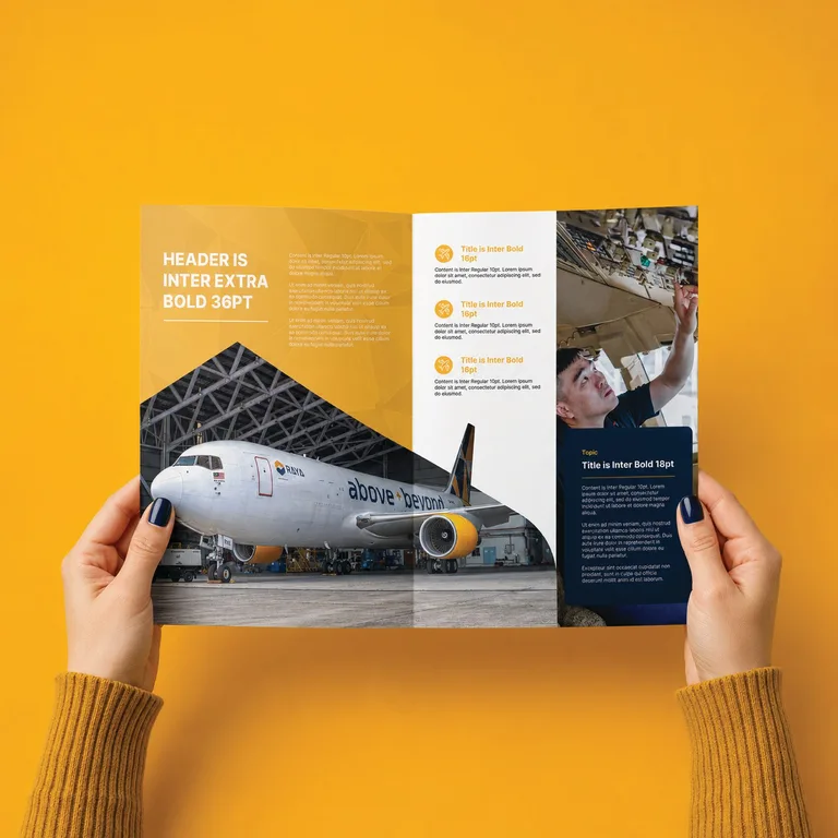 Raya Airways trifold brochure held open to a spread of a technician working on the aircraft skin