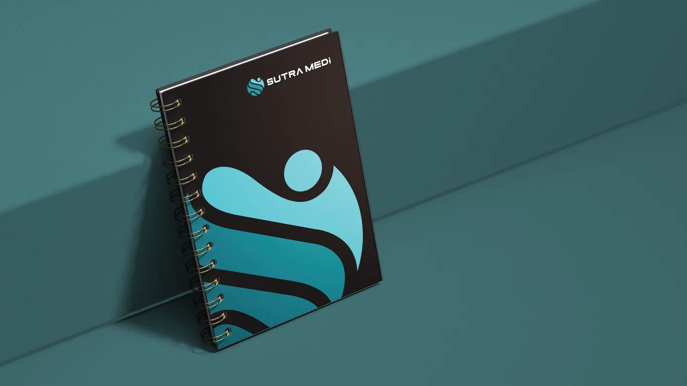 Sutra Medi-Environ branded spiral-bound diary in black with the enlarged turquoise figure graphic