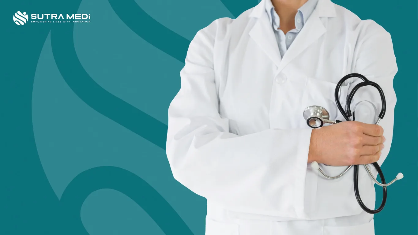 Sutra Medi-Environ teal key visual with a clinician in a white coat holding a stethoscope