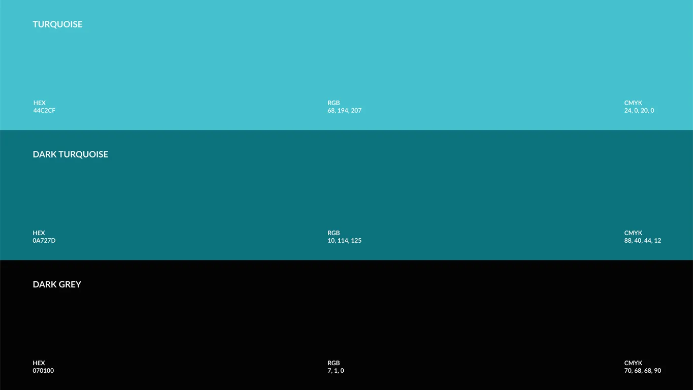 Sutra Medi-Environ brand colour palette showing turquoise, dark turquoise and dark grey with hex values