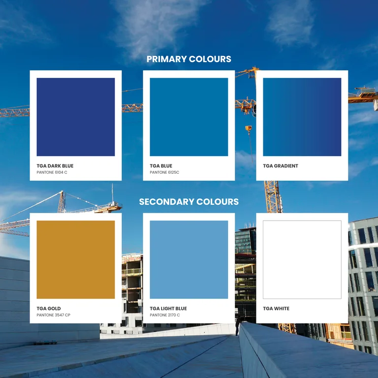 TGA colour palette of blue, gold and white Pantone swatches over a construction site photograph