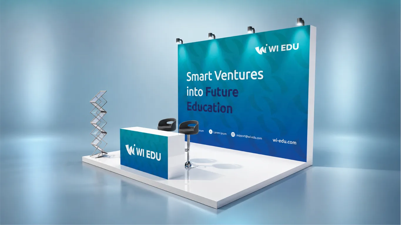 WI Edu exhibition stand with tagline backdrop, branded counter and brochure rack