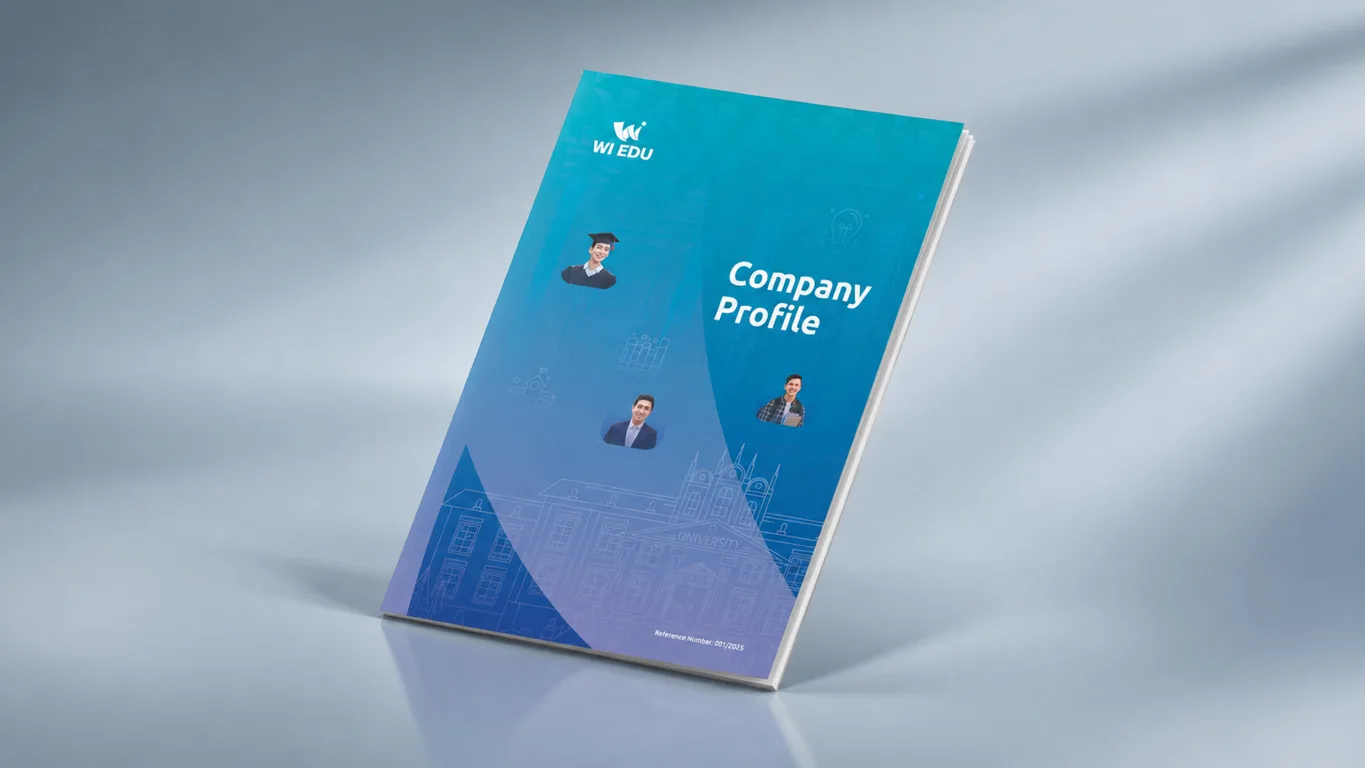 WI Edu company profile cover pairing cut-out student portraits with a line-drawn university building