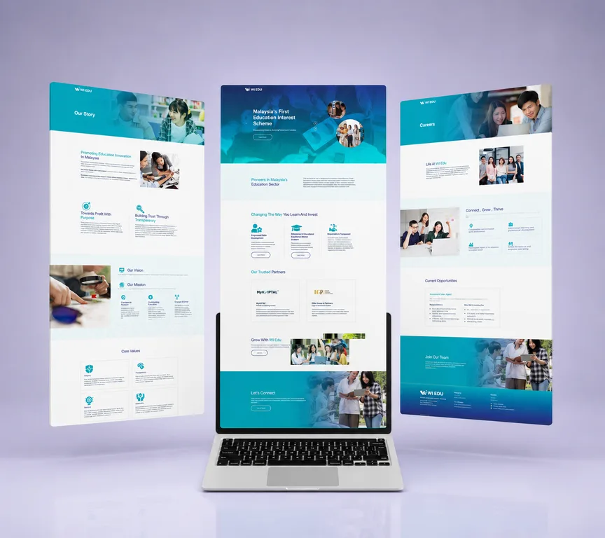 WI Edu corporate website with the homepage on a laptop beside story and careers pages