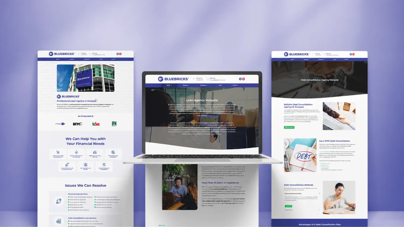 BlueBricks website homepage and debt consolidation page layouts with a laptop view for the Malaysian loan agency