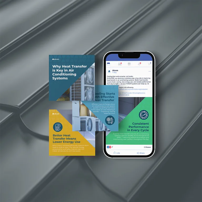 Alcom post on aluminium's role in air conditioning heat transfer, shown in-feed on a phone beside three carousel slides