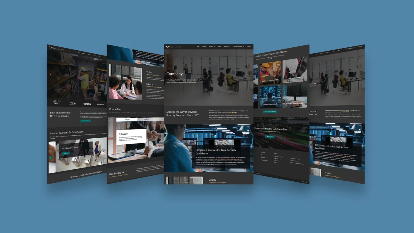 Sensorlink website pages fanned across a blue backdrop, spanning homepage, company and services layouts