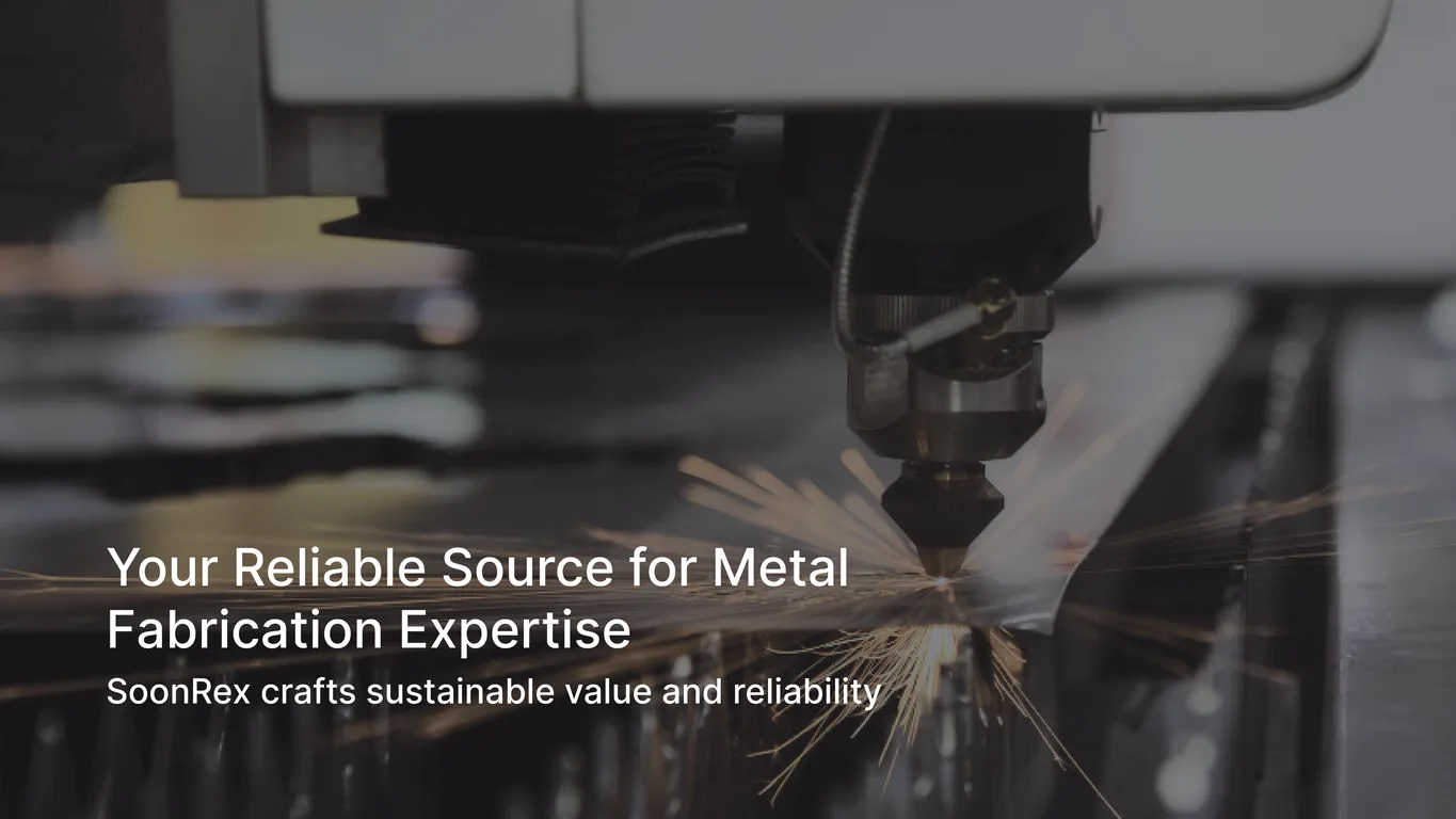 Soon Rex website hero banner pairing a metal fabrication headline with a sparking laser cutter