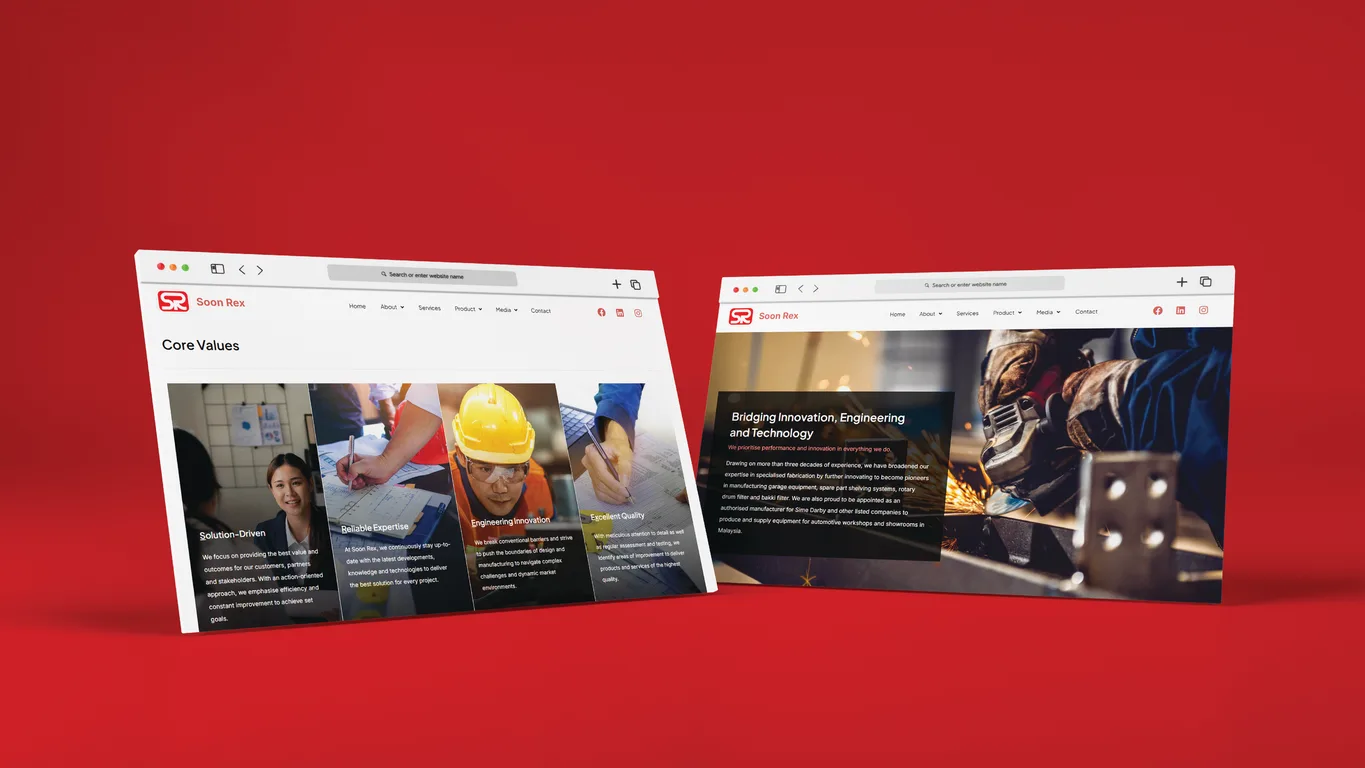Soon Rex website core values and company introduction pages shown in paired browser windows on red