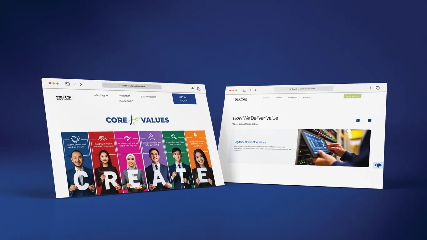 Stealth Solutions website core values page with colour-coded panels beside the value-delivery section