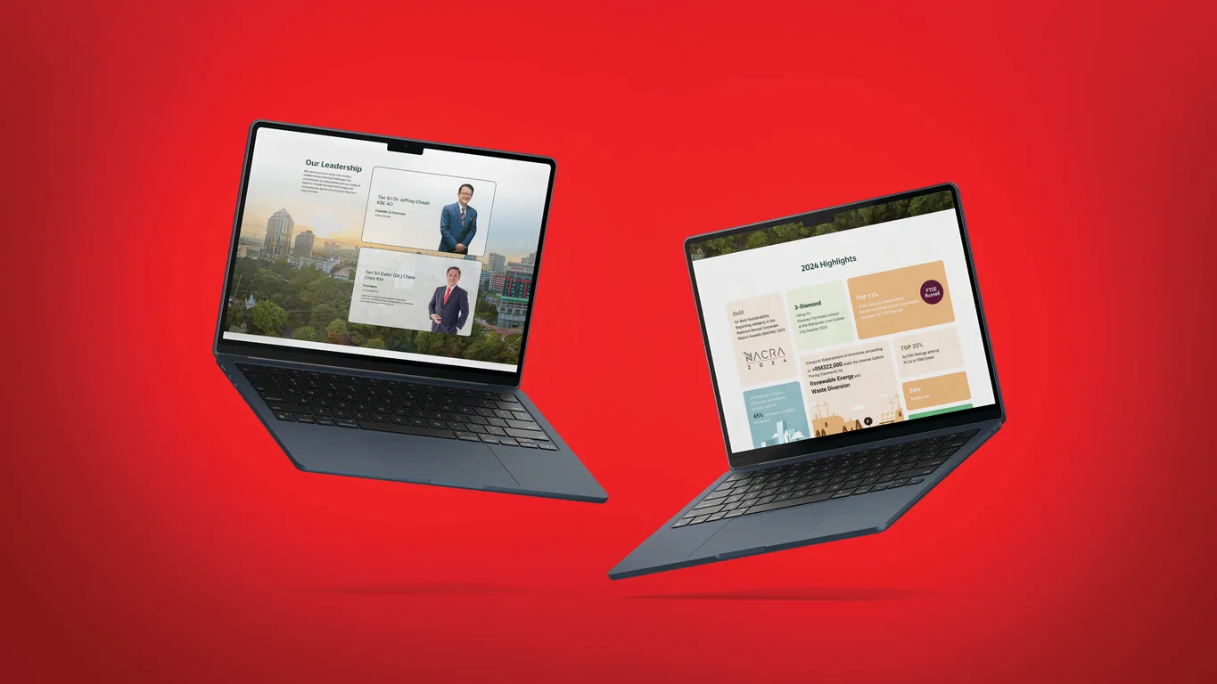 Two laptops showing the Sunway Berhad microsite leadership page and 2024 highlights of awards and ratings